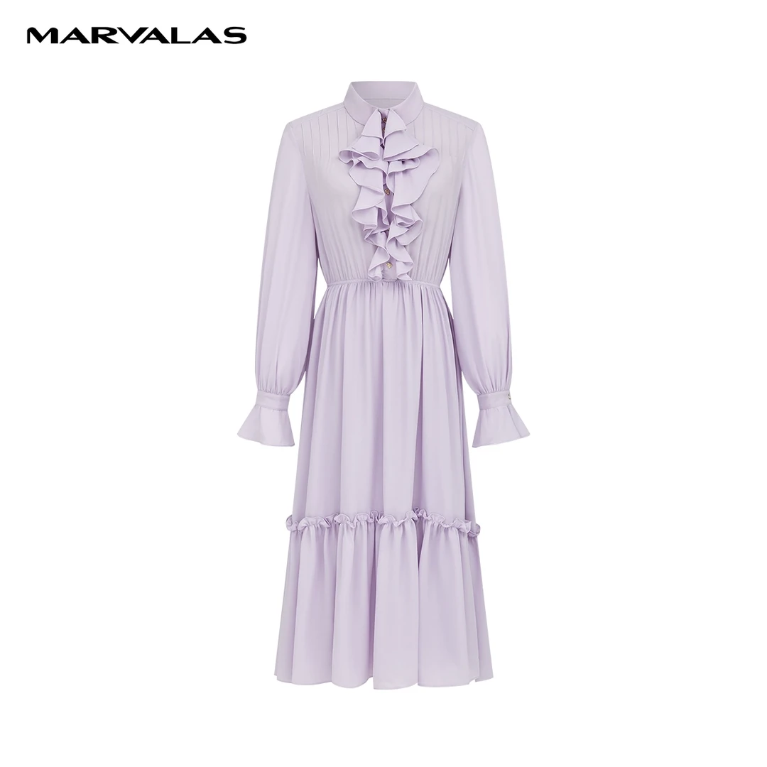 【商场同款】曼德诗雪纺连衣裙春装新款长袖收腰长裙M534308660