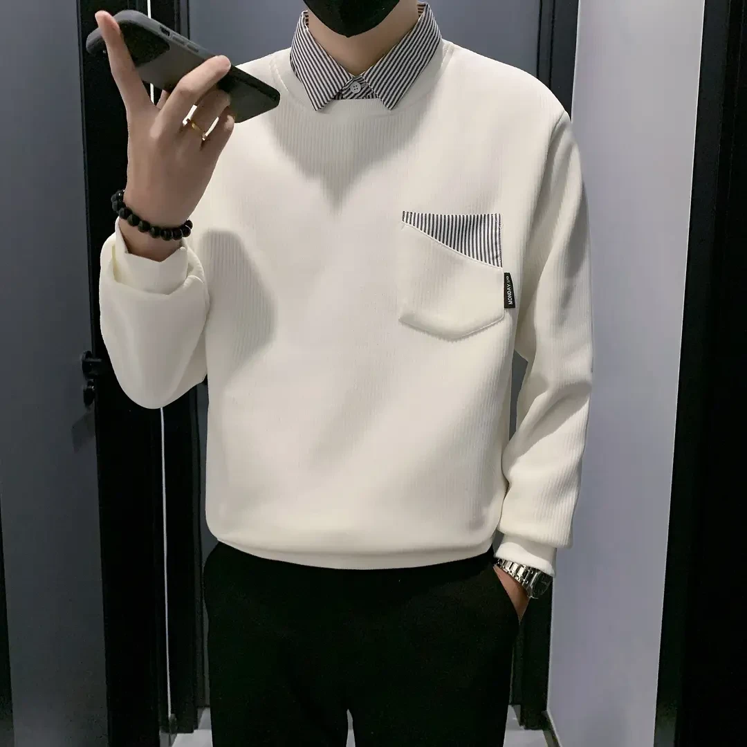 假两件衬衫领卫衣男士春秋款潮牌长袖打底衫冬装加绒加厚外套上衣