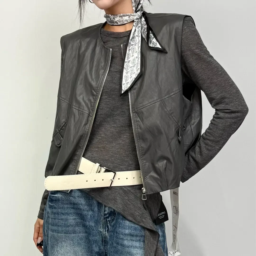 早秋新款高端欧货时尚马夹百搭圆领丝巾无袖拉链马甲2025马甲