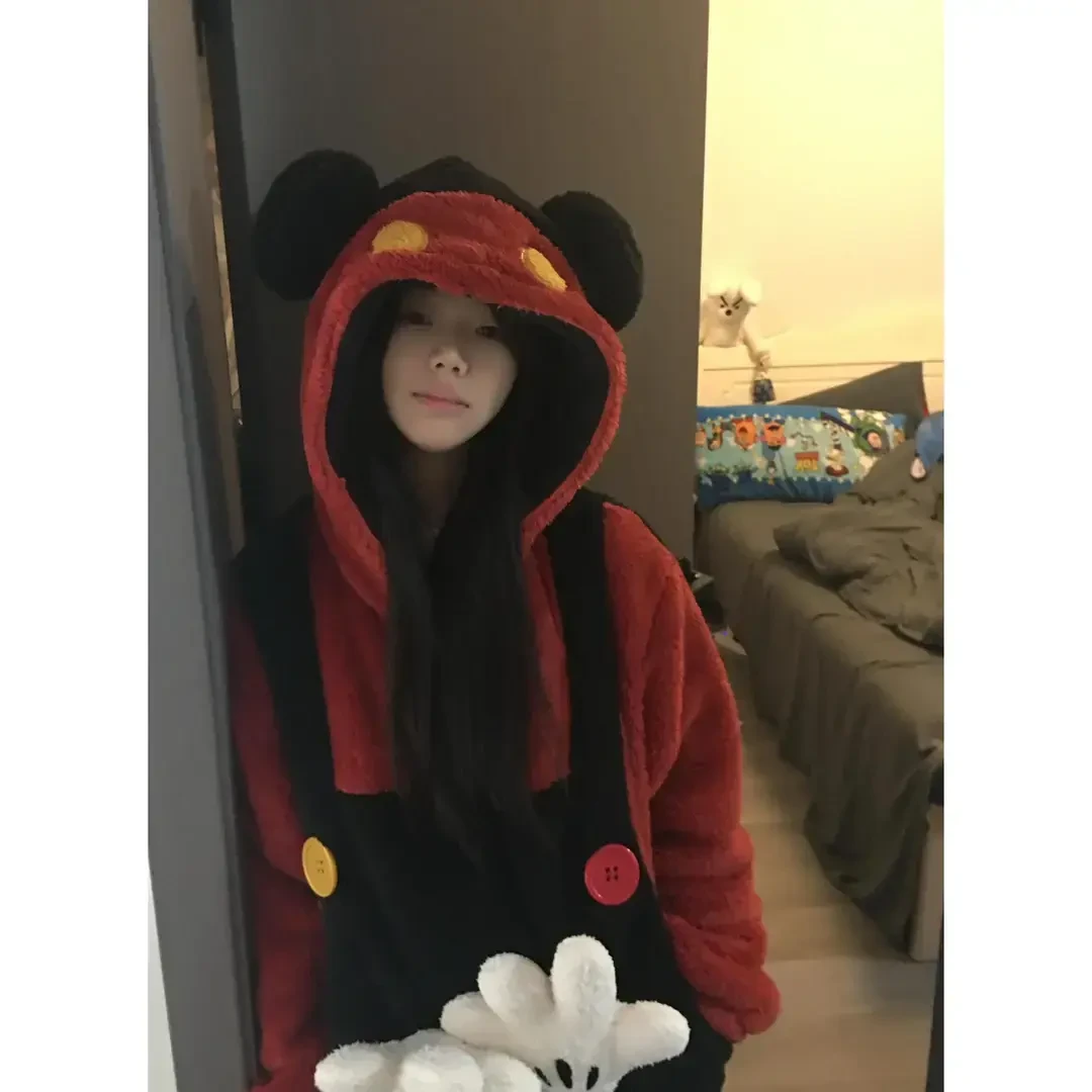 【反季清仓】创意米奇珊瑚绒连体睡衣女手套可拆卸冬款连帽家居服