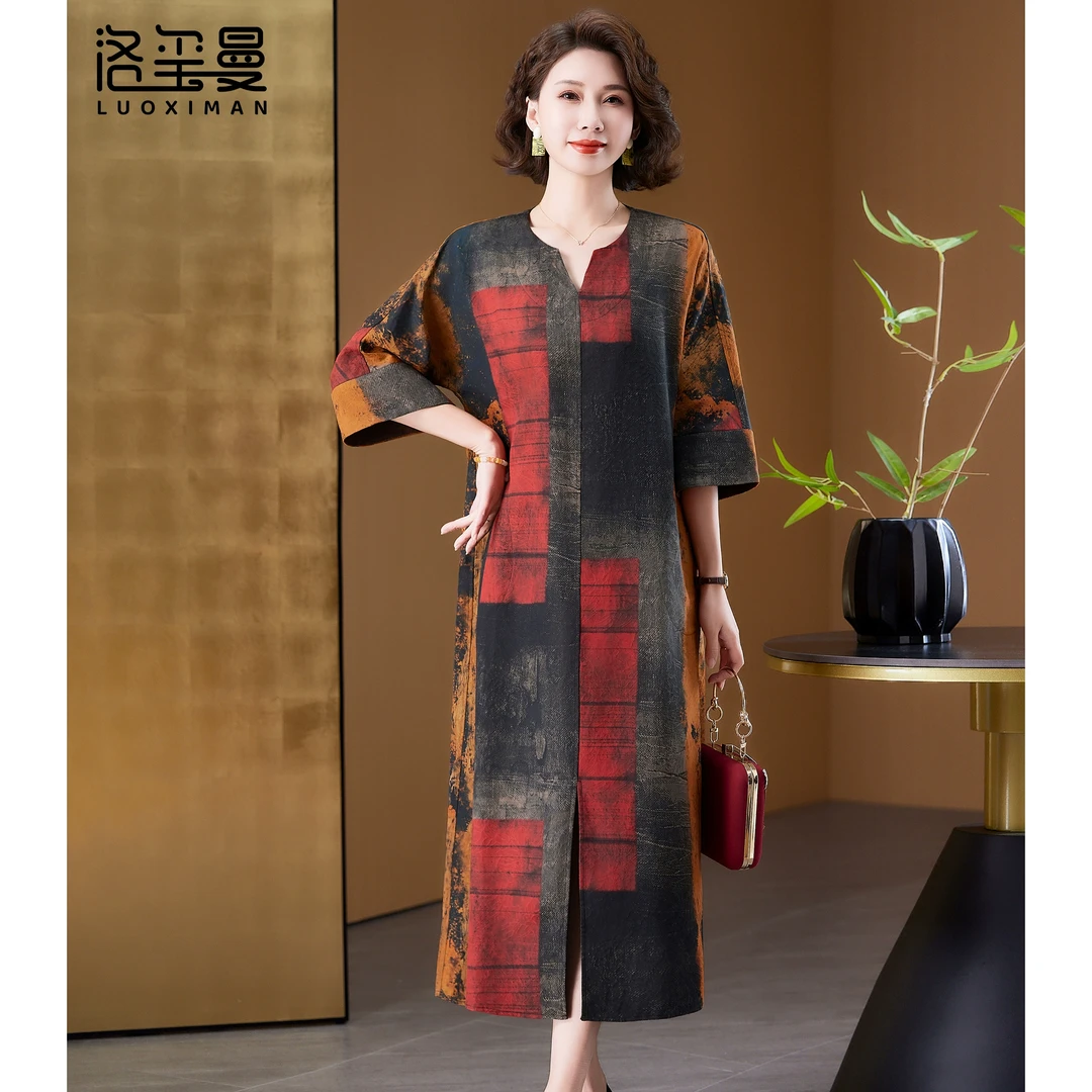 洛玺曼名牌真丝连衣裙高端宽松腰新中式长裙女时尚宽松印花妈妈装