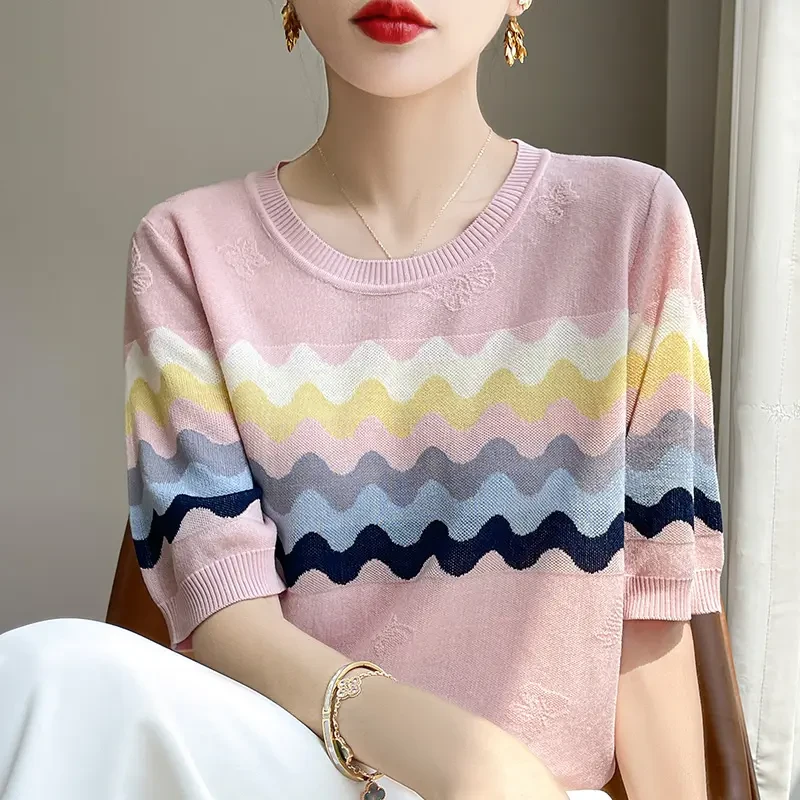 品牌正品薄款莱赛尔天丝针织衫短袖T恤女宽松显瘦气质上衣条纹