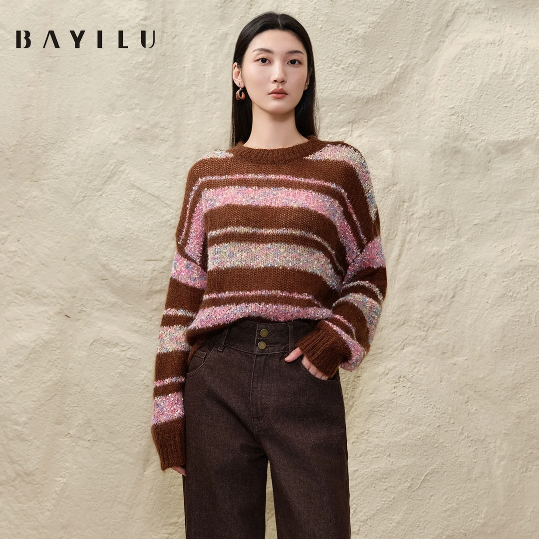 【尚雅】芭依璐2025春季条纹毛衣女亮片休闲套衫针织91S0710
