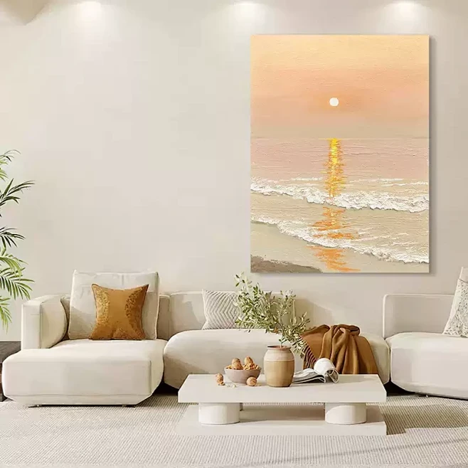 【巴比松】纯手绘油画旭日东升客厅装饰画大海风景肌理挂画