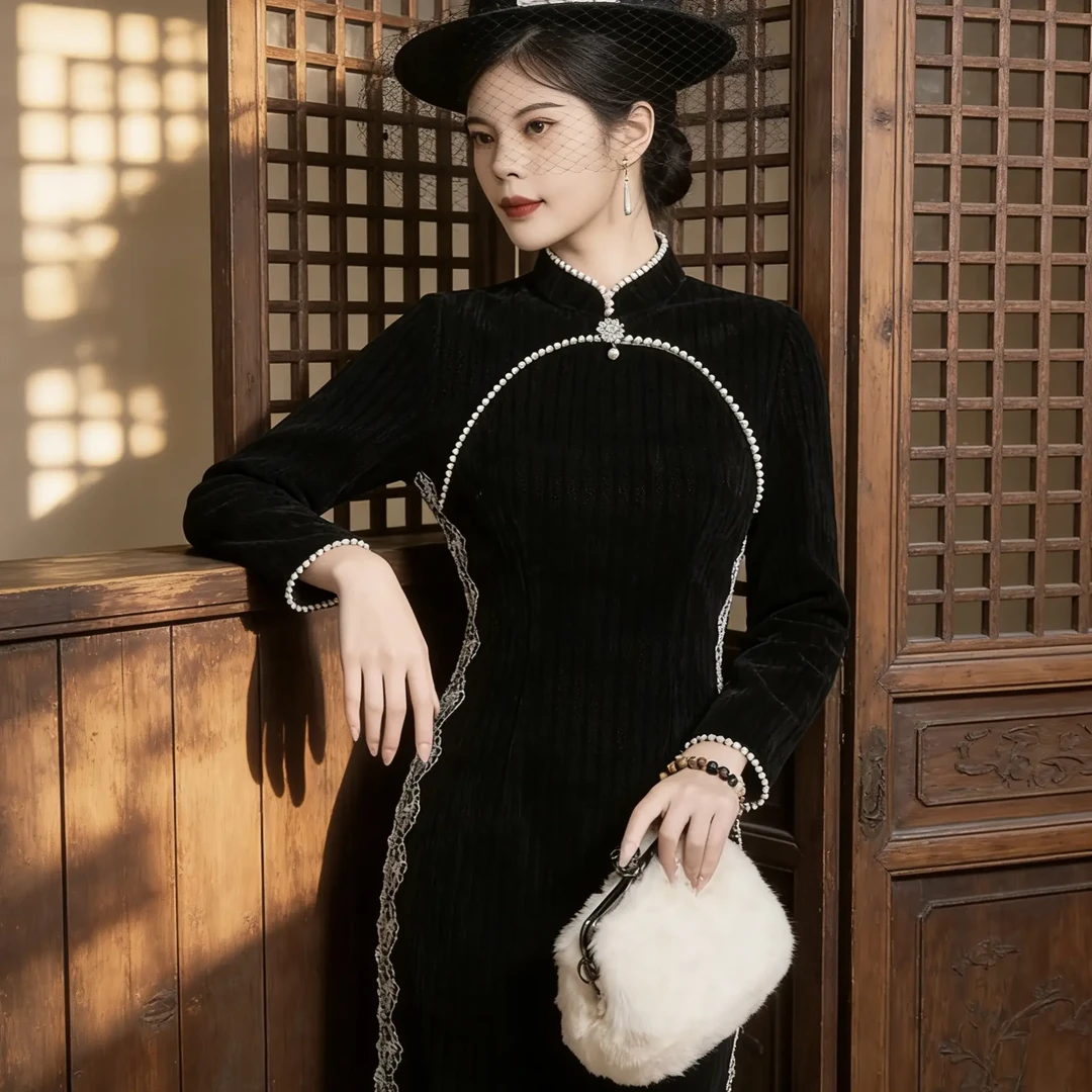 春秋黑色圆襟国风中式改良旗袍复古修身长袖日常新款