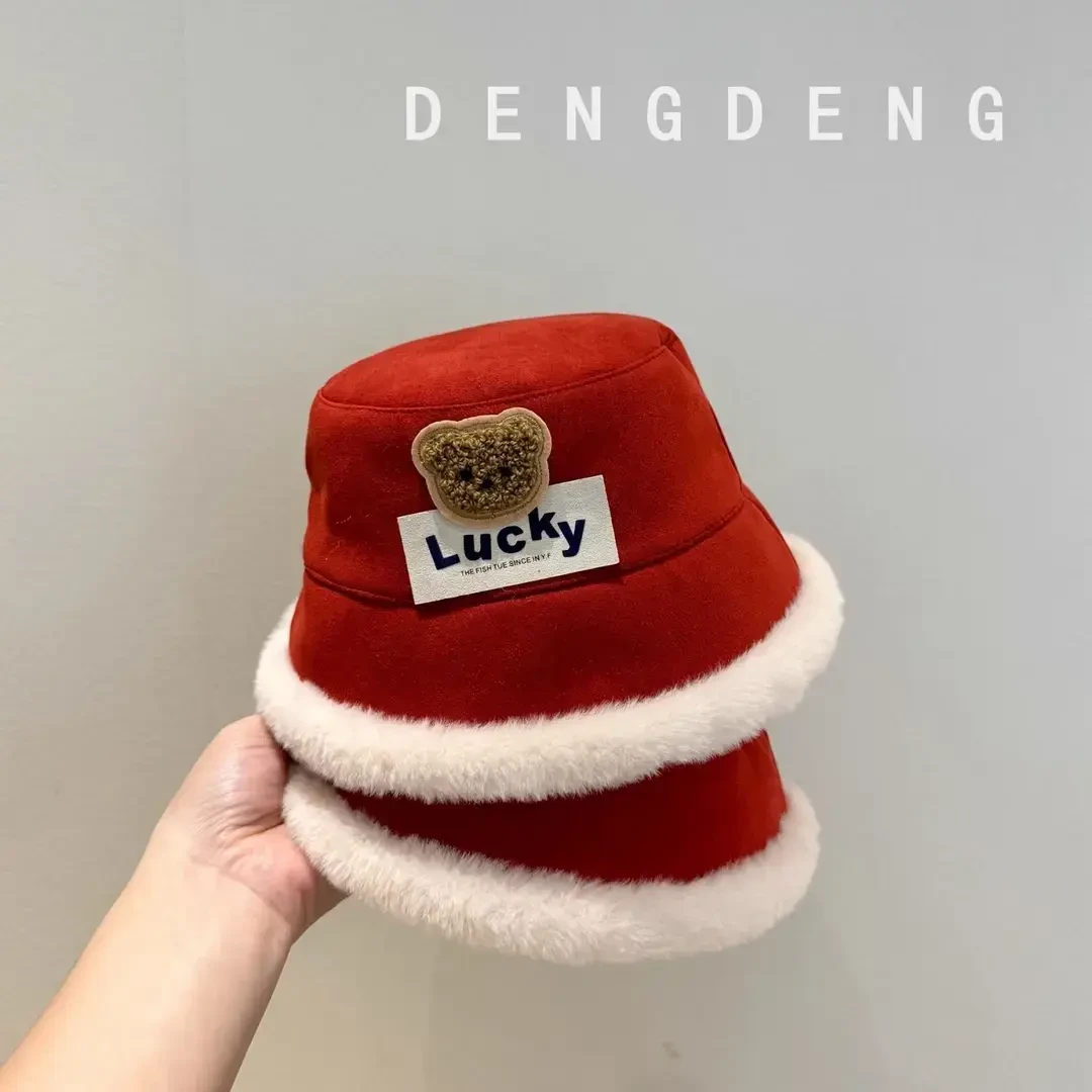 红色新年宝宝帽子秋冬儿童毛绒帽防风保暖盆帽男童女童护耳渔夫帽