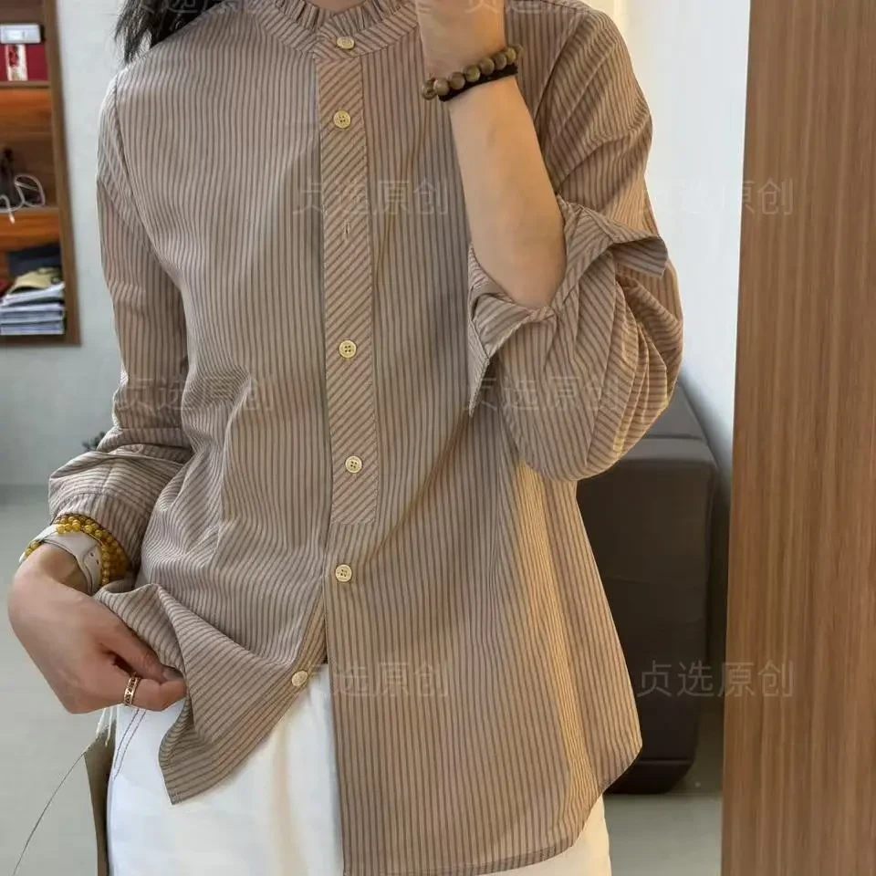 30158-条纹设计感立领衬衫女长袖气质休闲洋气减龄上衣