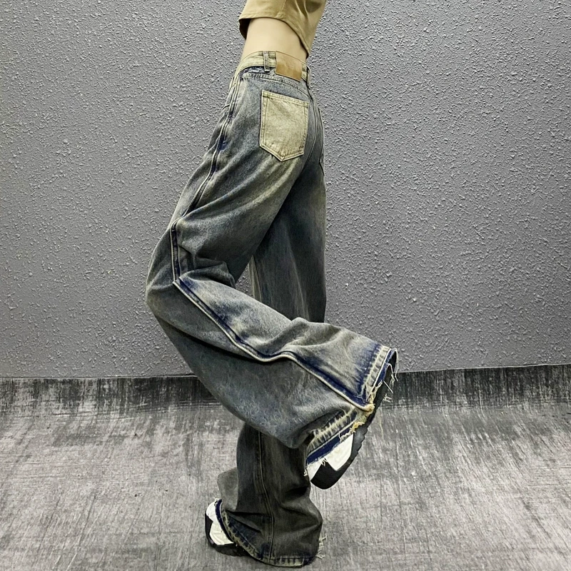 炫酷拼色口袋加厚休闲牛仔裤女冬新款高腰宽松显瘦百搭阔腿拖地裤