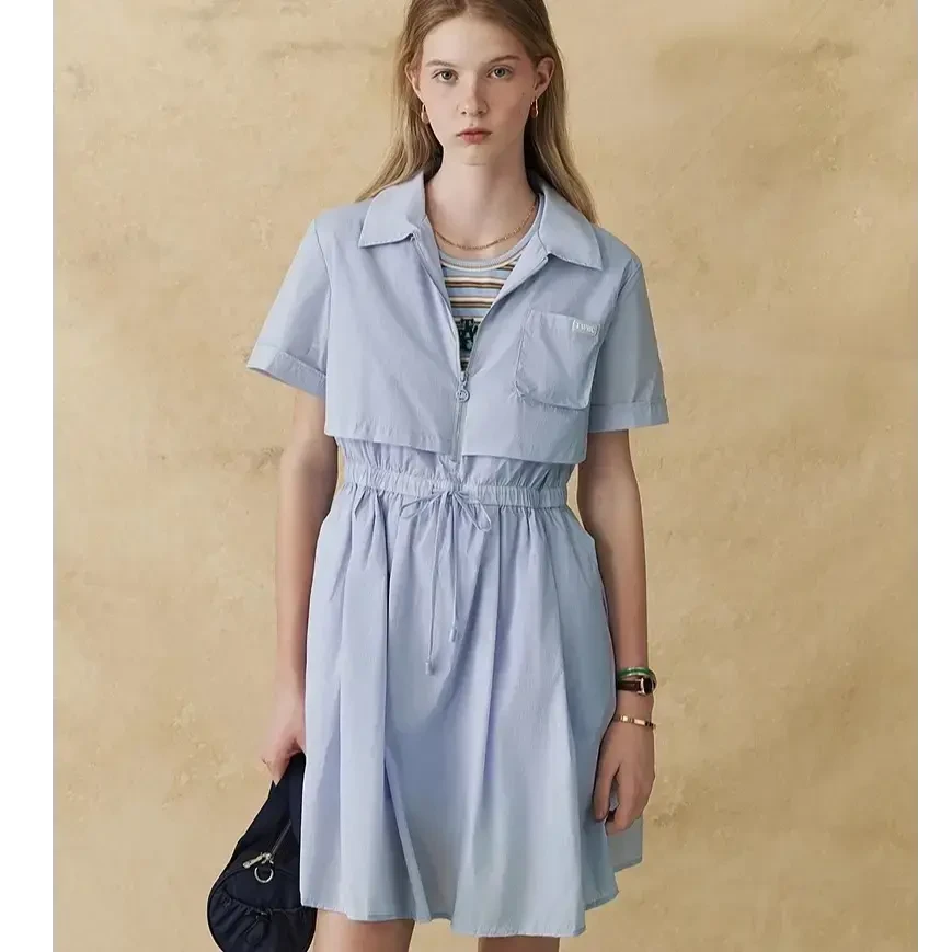 TeenieWeenie连衣裙收腰裙子2025夏季时尚翻领韩版气质连衣裙洋气