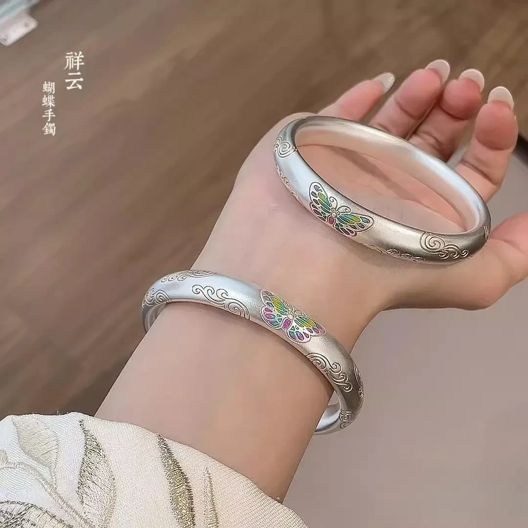 足银玻璃手镯 蝴蝶祥云银手镯女纯银999足银描金闭口手工银镯子情