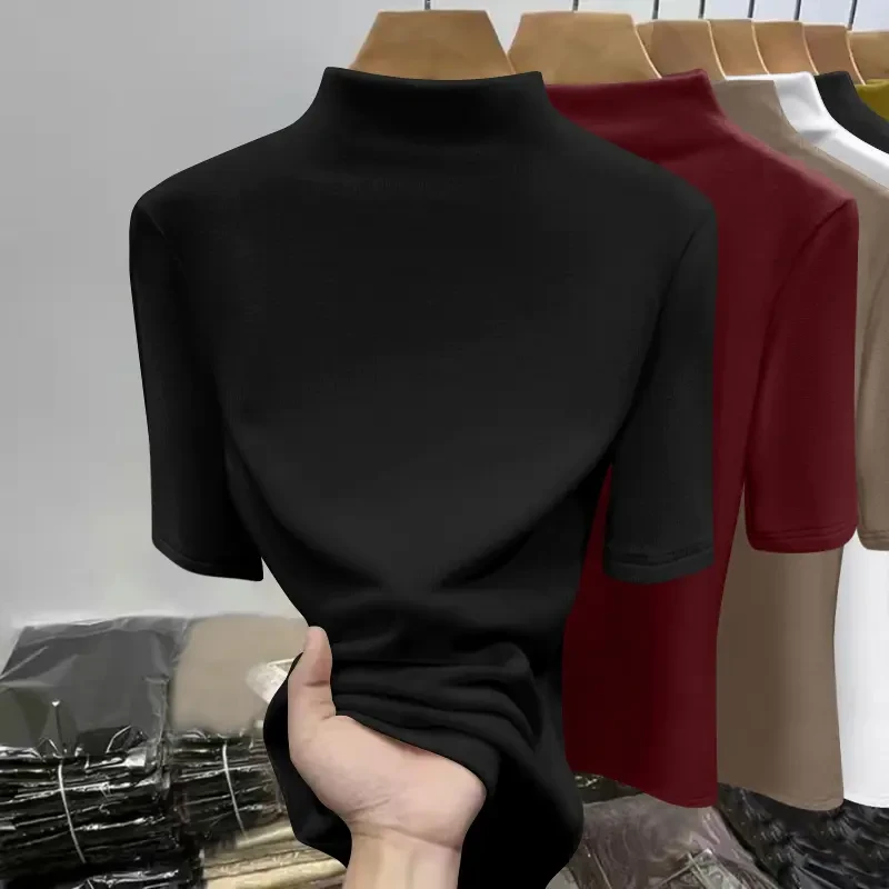 韩版短袖t恤女2025新款夏季高级感高贵半高领韩版打底衫内搭上衣
