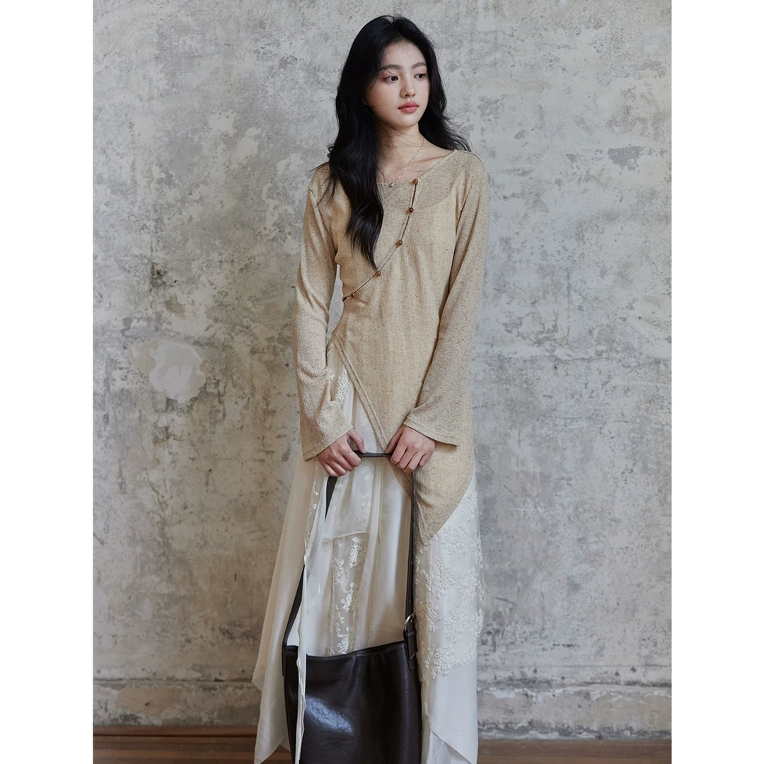 贰羊设计【南梧】新中式禅意不规则针织衫女重工多裁片网纱裙套装