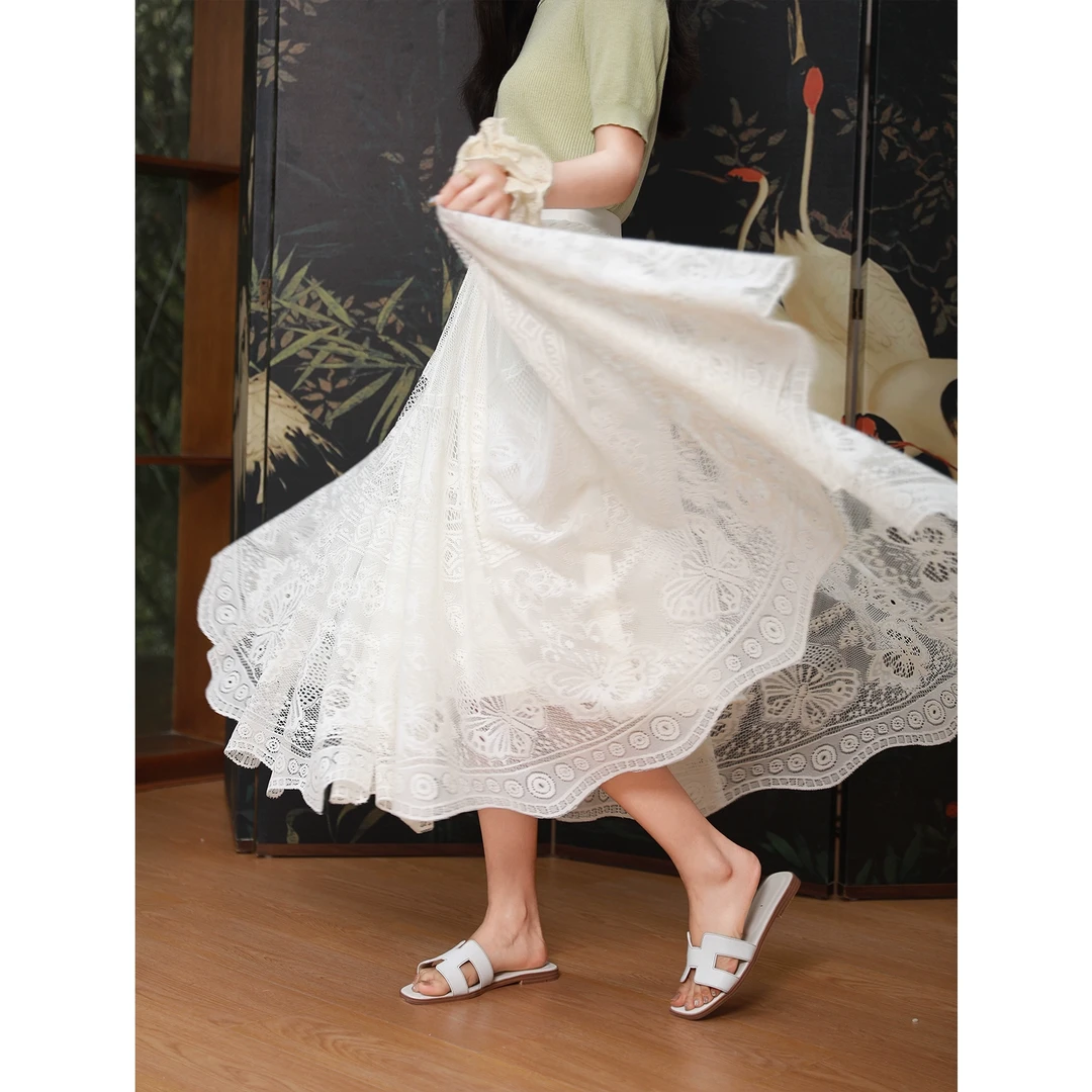 年终浮力【重工蕾丝】白色半身裙2024年秋季高腰半裙1420628QC