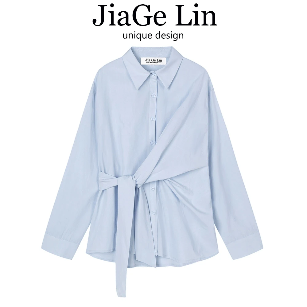 JiaGeLin高级感长袖蓝色衬衫女2025早春款气质独特不规则收腰上衣