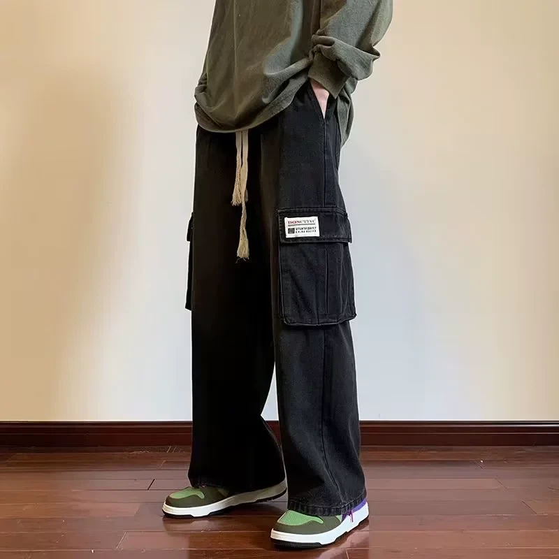 工装牛仔裤男士美式水洗复古高街百搭多口袋直筒宽松休闲阔腿长裤