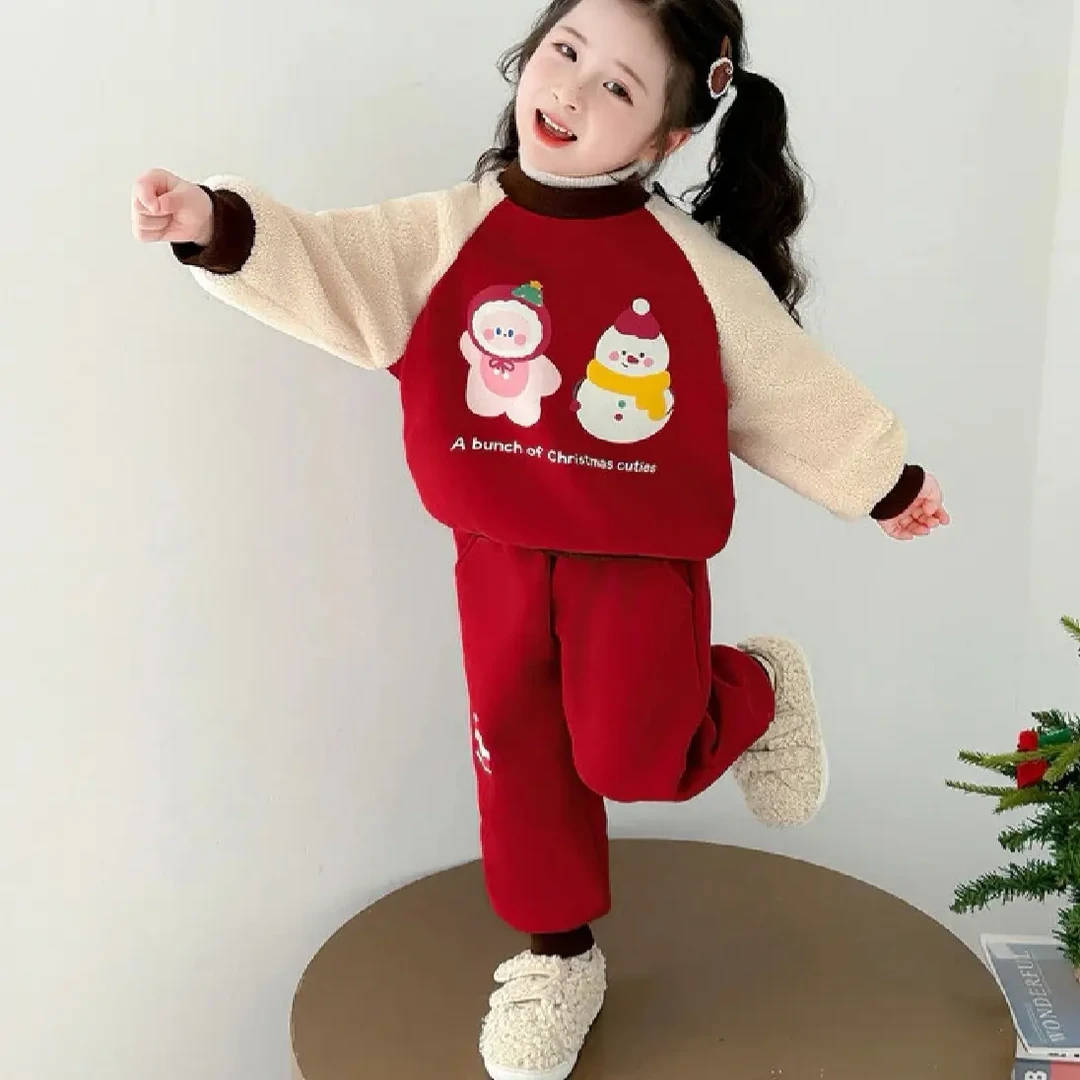 儿童加厚秋冬套装2025新款休闲风宝宝套头加绒加厚卡通风冬季洋气