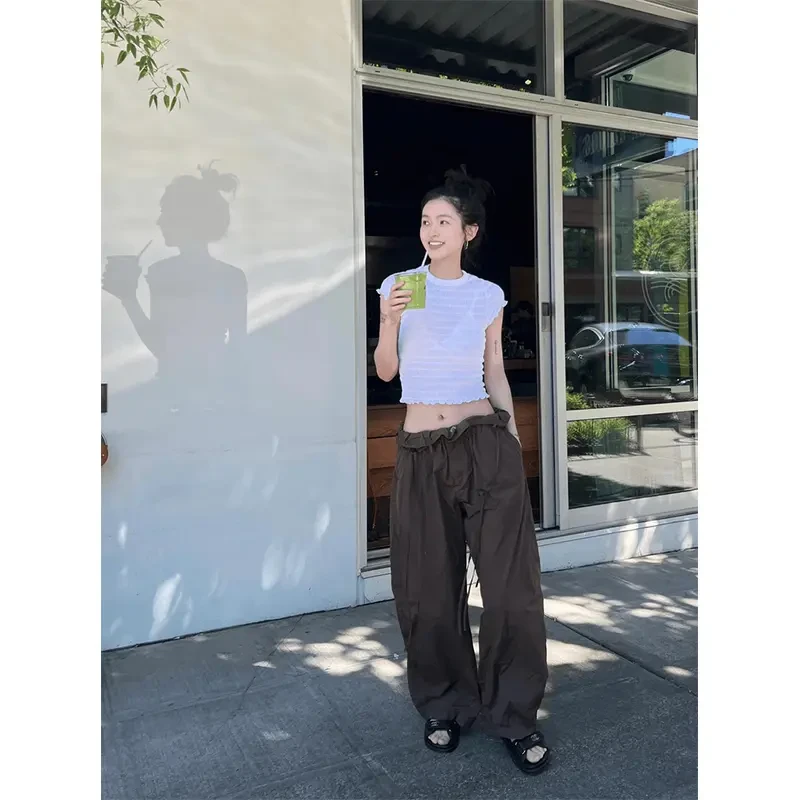 夏季洋气衣服女装圆领褶皱肌理感修身百搭短袖T恤气质休闲阔腿裤