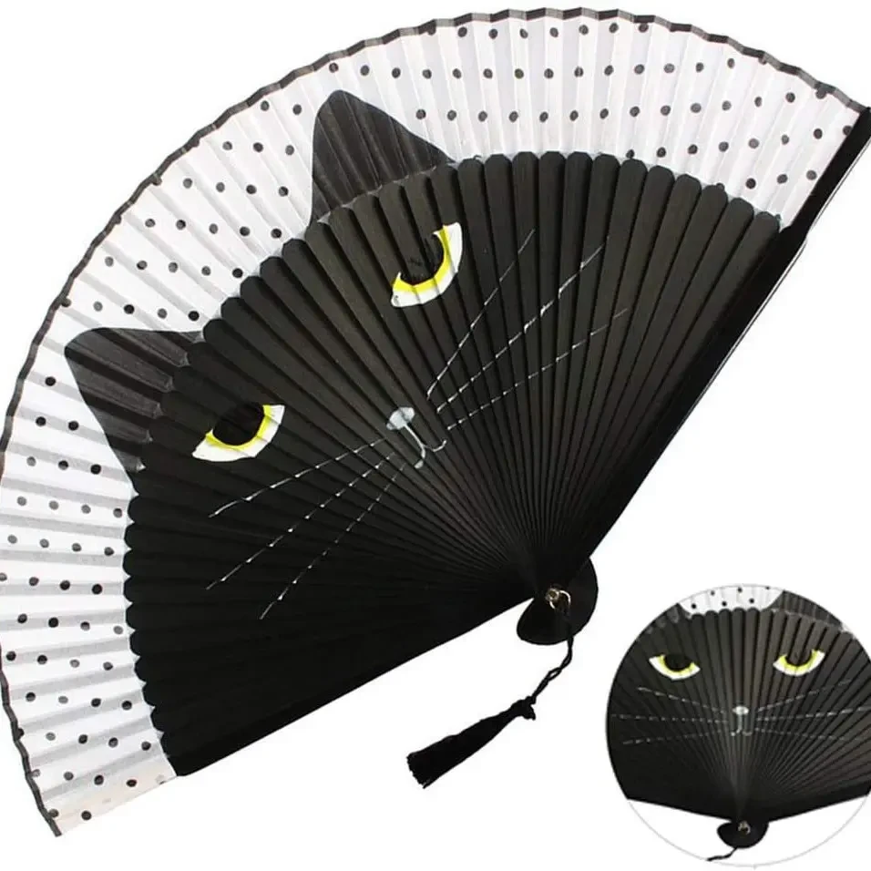 日本烤瓷边骨卡通龙猫折扇喷绘猫咪头像扇yh