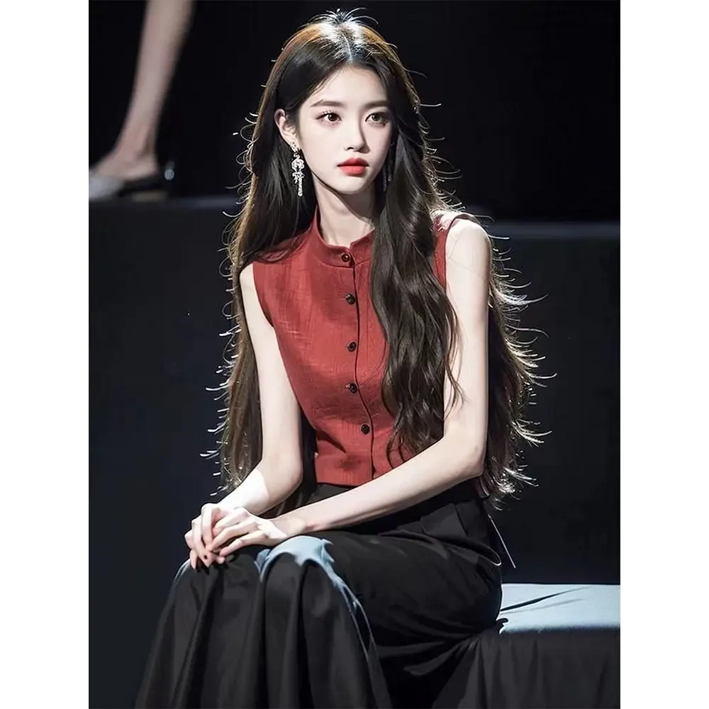 哥弟阿玛施正2025夏季漂亮小衫高级感超好看法式红色衬衫无袖上衣