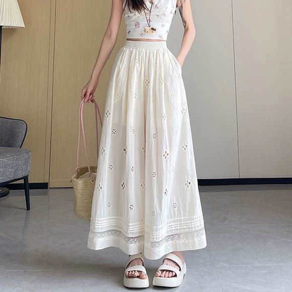 蕾丝拼接镂空阔腿裤女夏季薄款高腰显瘦休闲百搭松紧腰垂感九分裤