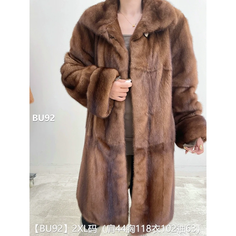 【BU92】2XL码 蜜茶棕整皮长款貂皮大衣皮草外套 娃娃领挽袖
