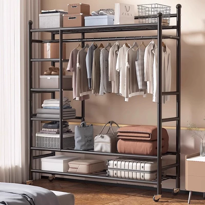 落地卧室衣帽架家用简易挂衣架带轮阳台晾衣服架子客厅多层置物架