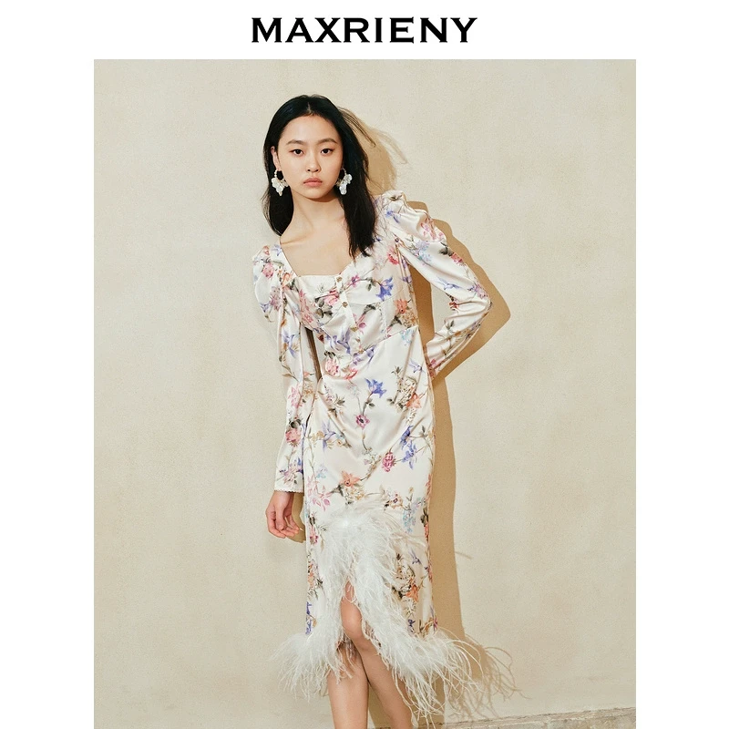 【高高甄选】MAXRIENY宫廷飞鸽连衣裙春款印花裙子