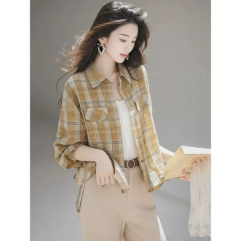 2025早秋新款上衣法式冷淡系高级感黄色格子长袖衬衫女款气质小衫