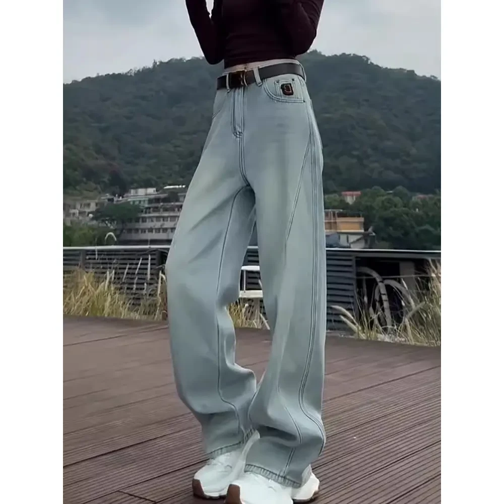 高腰显瘦浅色弯刀牛仔裤子女2025新款设计感宽松镰刀裤阔腿拖地裤