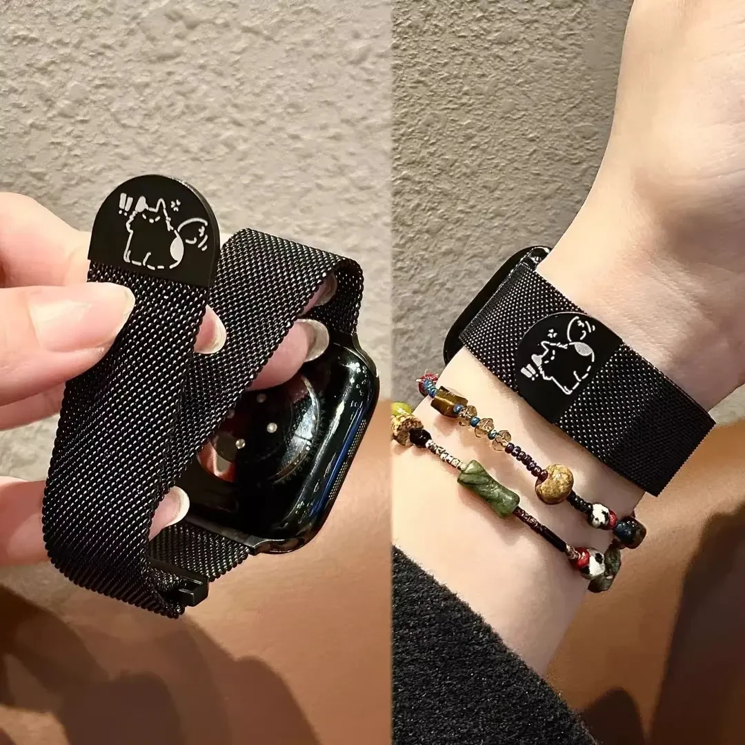 适用于iWatchs10高级感苹果手表s9可爱小猫s8表带se2磁吸钢带透气