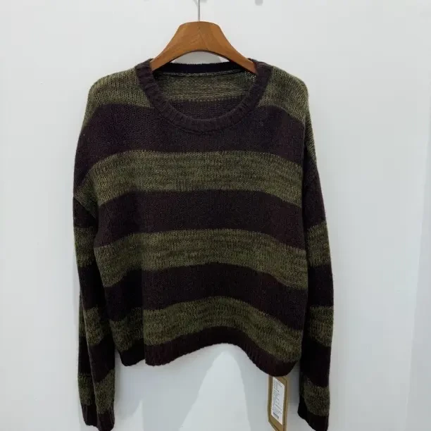 羡江南66823毛衣毛针织衫条纹休闲针织薄款咖色套头长袖休闲风