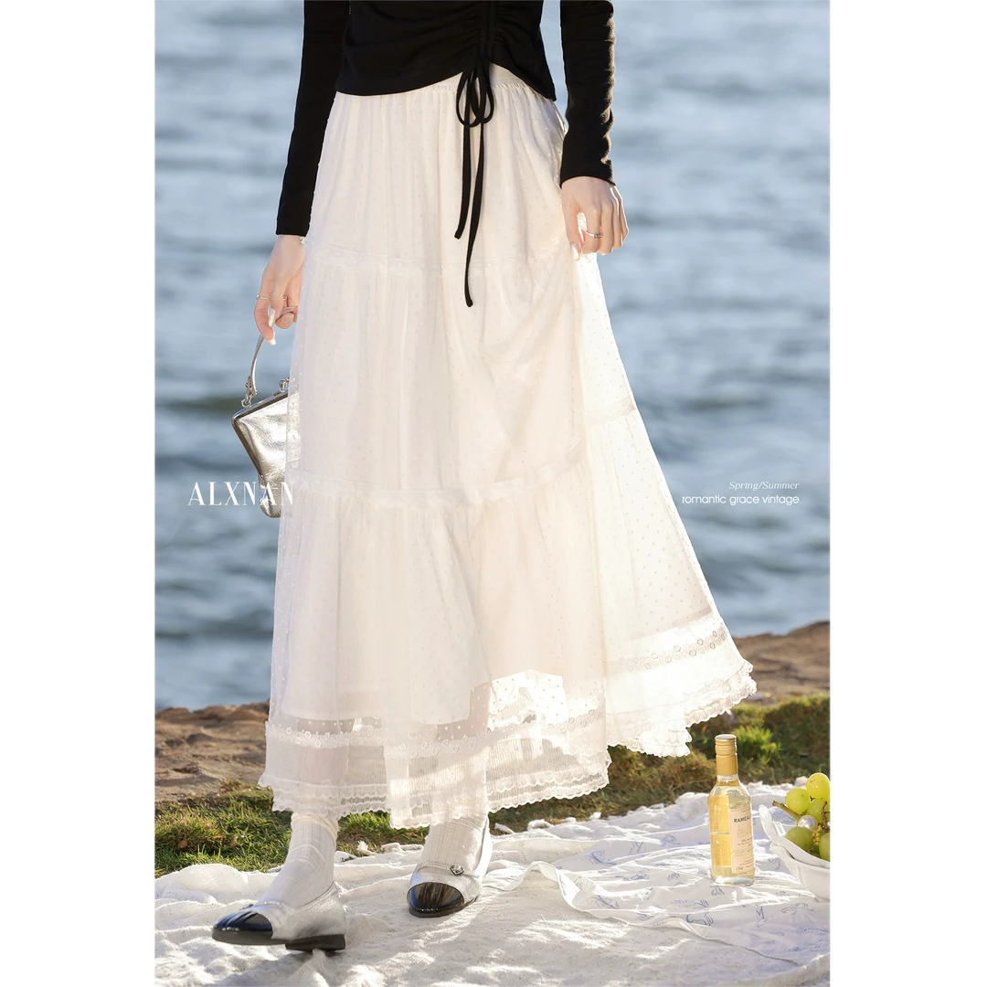 鹿向南【梦境幻想】2025早春白色a字半身裙女高级感中长款裙L52896