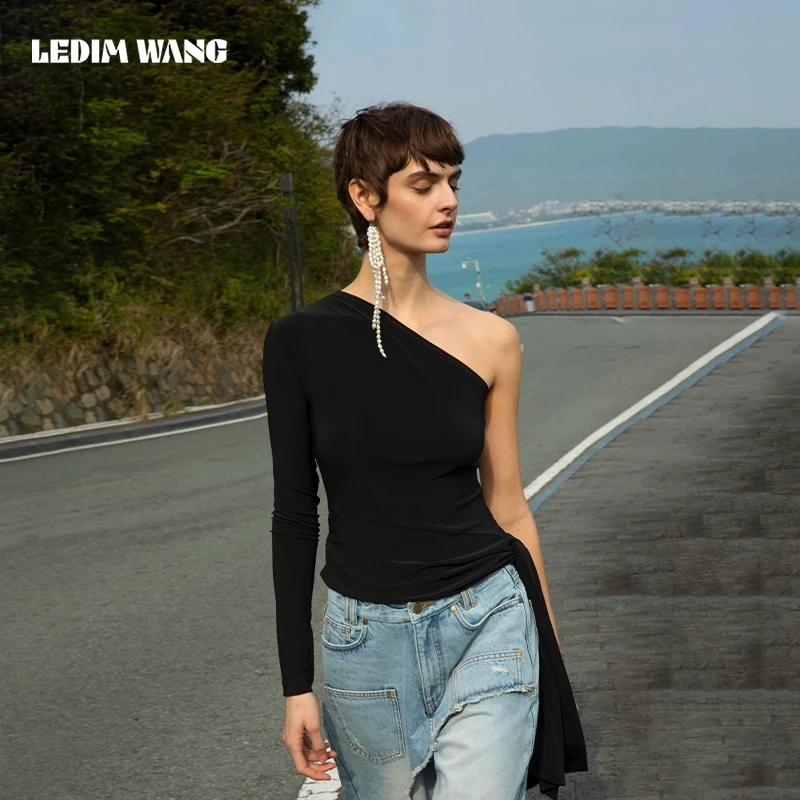 1LEDIM WANG斜肩飘带针织上衣女小众设计黑色不对称T恤薄款上衣