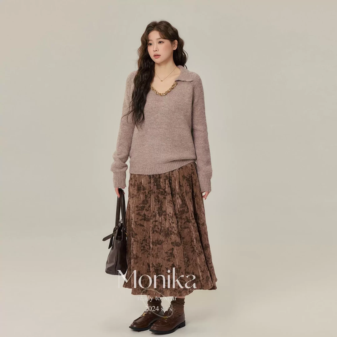 大码女装胖mm秋冬新款V领重工针织衫宽松显瘦百搭毛衣15542