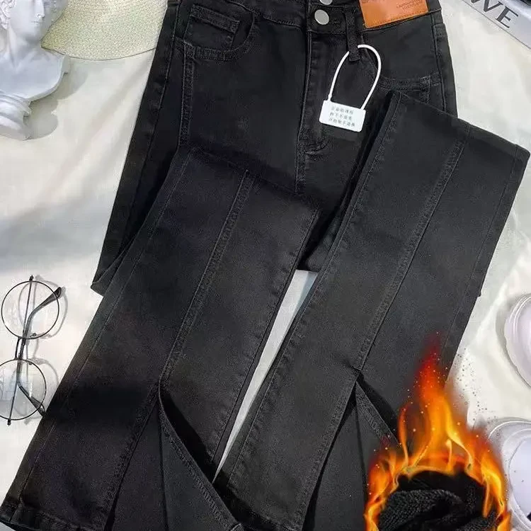 066黑色开叉微喇牛仔裤女高腰显瘦春秋季百搭裤子直筒阔腿