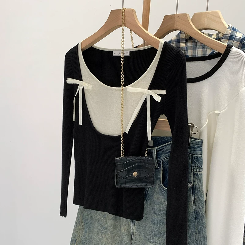 2024新款韩系辣妹撞色假两件圆领设计感小众休闲针织长袖上衣女