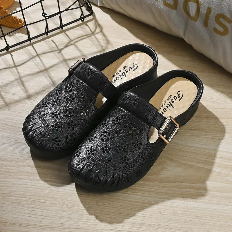 【优选】新款平跟防滑中年妈妈包头拖鞋包头拖鞋仿皮中跟洞洞鞋外穿