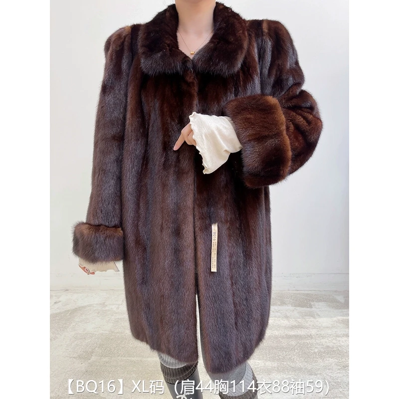 【BQ16】XL码 焦糖棕全抽中长款貂皮大衣皮草外套 娃娃领挽袖