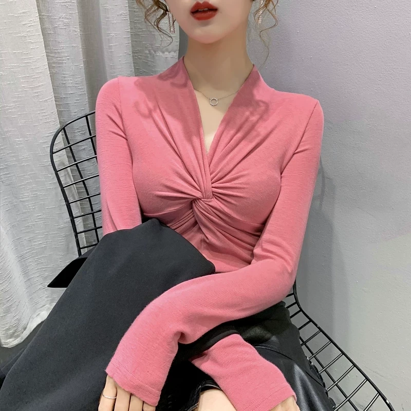 深v领长袖t恤女修身2024秋冬新款洋气心机上衣扭结纯棉打底衫内搭