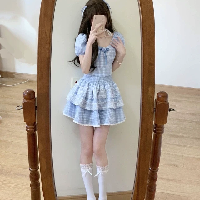 微胖MM法式甜美蓝色格子泡泡袖上衣套装欲蓬蓬蛋糕半身裙两件套