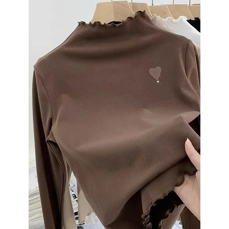 女童木耳边长袖T恤德绒半高领中大童新款秋冬女孩保暖打底衫上衣