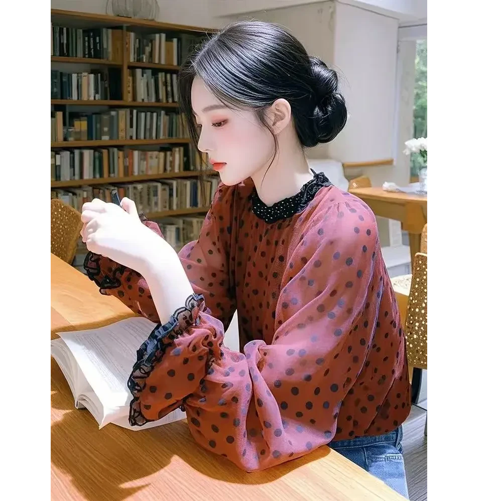 2025春季爆款法式甜美轻熟小衫独特超好看宽松红色碎花泡泡袖衬衫