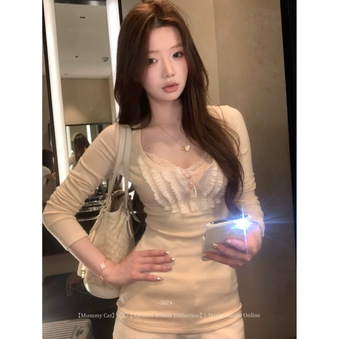 MummyCat下蛋喵【梨也奈良】甜美蕾丝花边排扣内搭长袖针织衫上衣