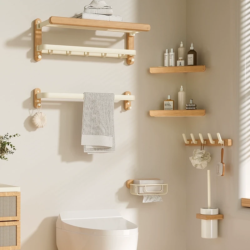 原木奶油风毛巾架实木高端卫生间浴巾置物架洗手间浴室厕所免打孔