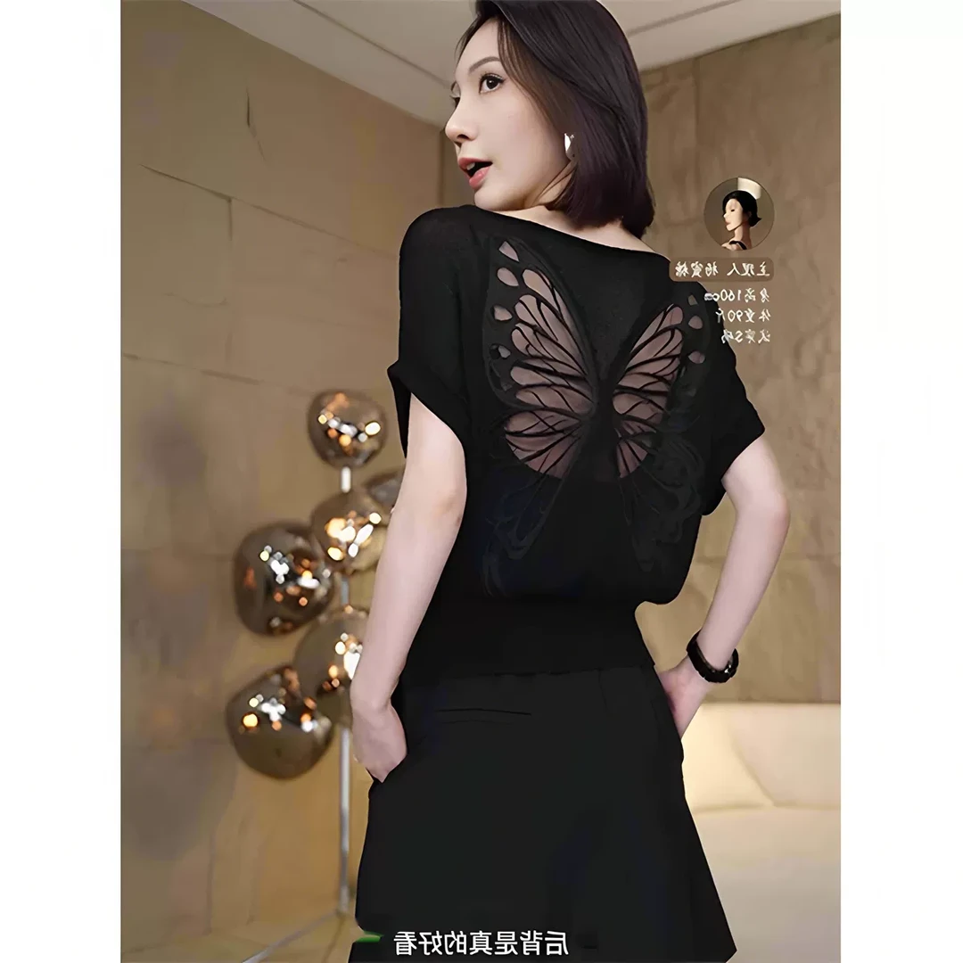 高端奢华大牌漂亮小衫夏季新款圆领后背镂空设计感蝴蝶圆领上衣女