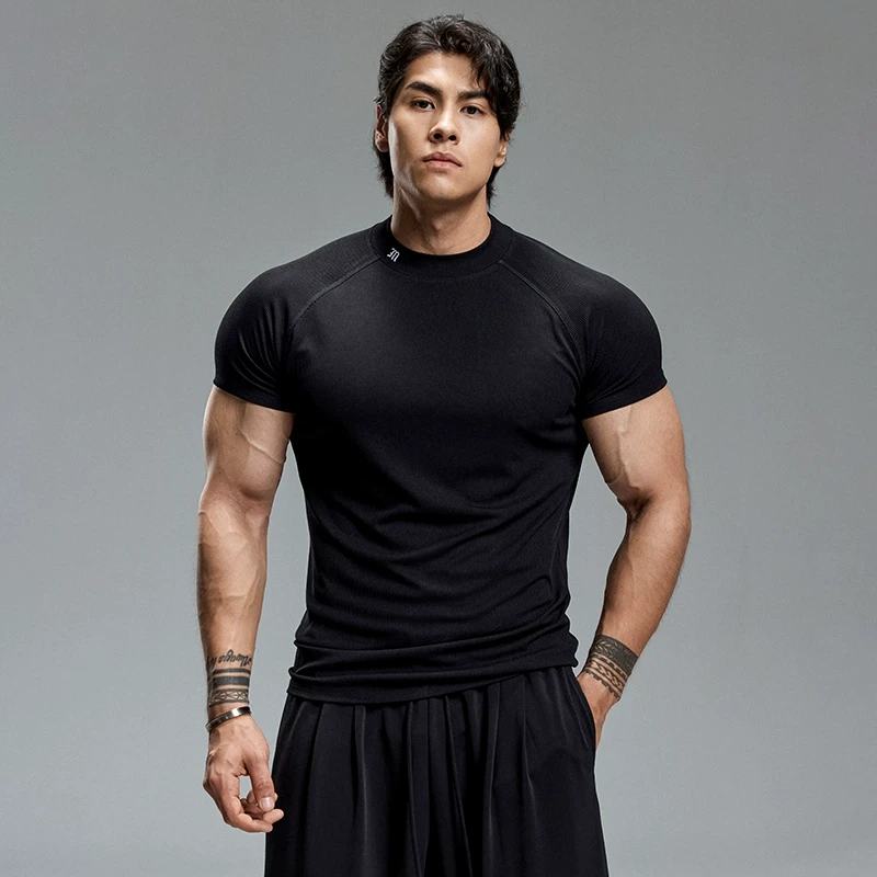 肌肉狗运动T恤男夏季美式绣花肌理感修身插肩训练健身衣服男款