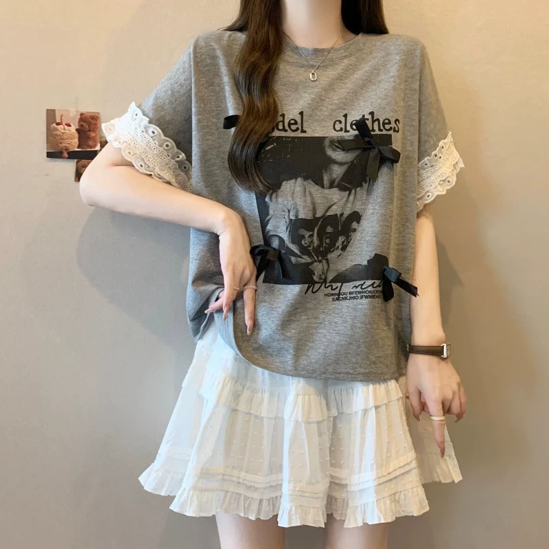 正肩宽松蕾丝短袖t恤女2025夏季新款大码适合胖mm的遮肚显瘦上衣