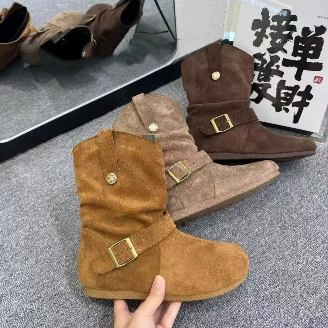 复古绒面西部牛仔靴马丁靴女鞋2025新款春秋季两穿韩系小短靴百搭