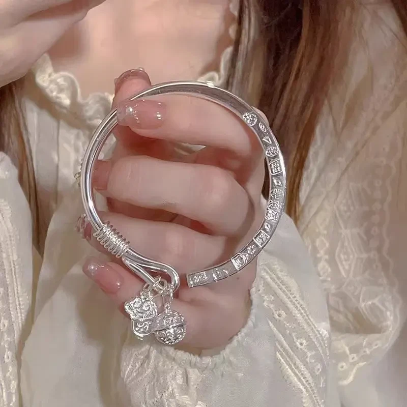 足银手镯 【S36】四方吉言宫铃民族风平安喜乐开口