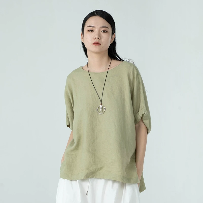女装瑕疵品50322150纯色文艺通勤圆领薄款绑带亚麻短袖夏季女
